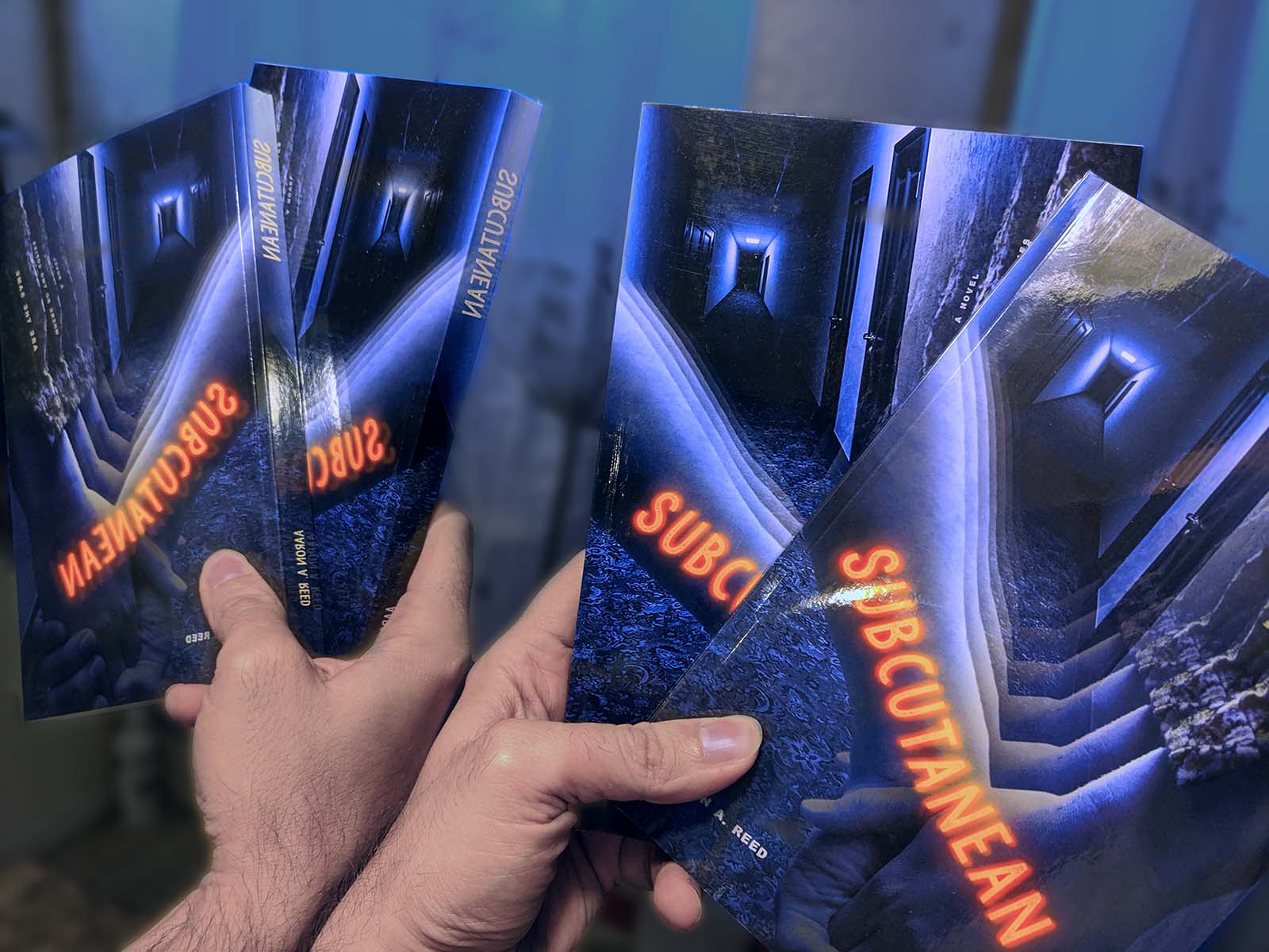 The author holding up a pair of Subcutanean paperbacks in front of a mirror.